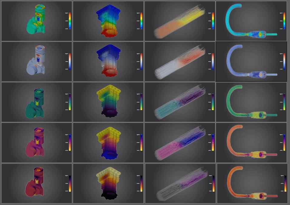 image of simulation models and results in a grid of different color maps addressing color vision deficiency