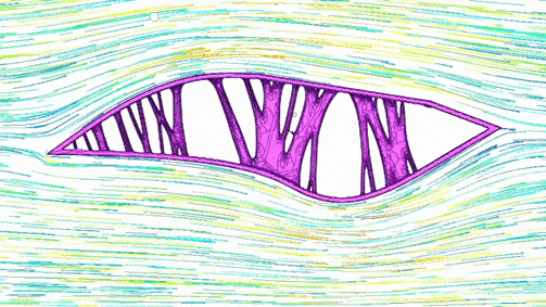 animation showing fluid simulation streamlines flowing over a topo-optimized aerodynamic structure with organic infill