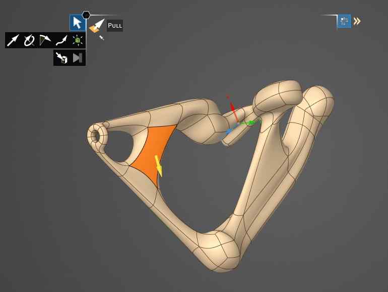 image of Ansys Discovery tool for subdivisional modelling with an organic 3D shape and a part of it highlighted as a face