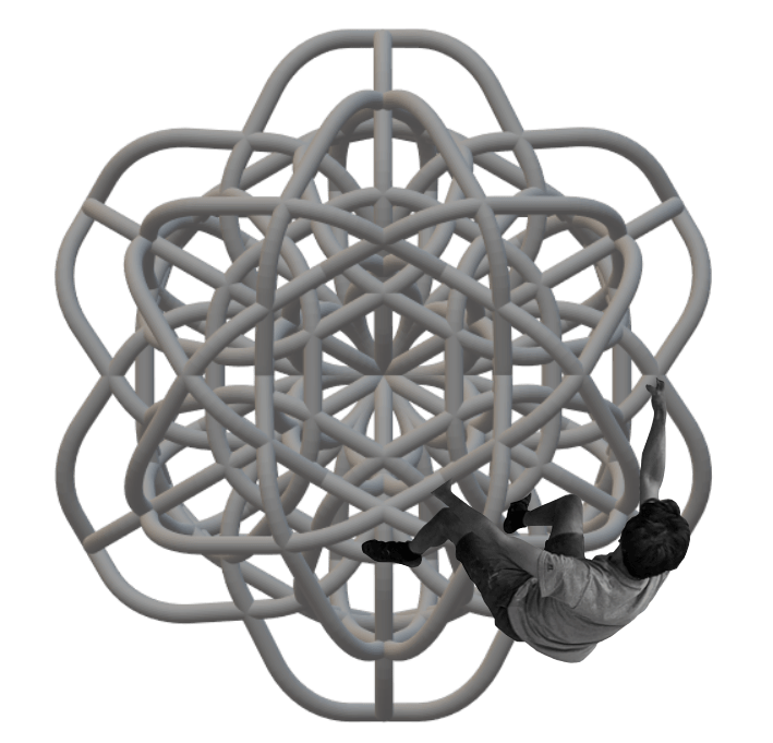 abstract photo showing a person with rock climbing shoes ascending a 3D lattice